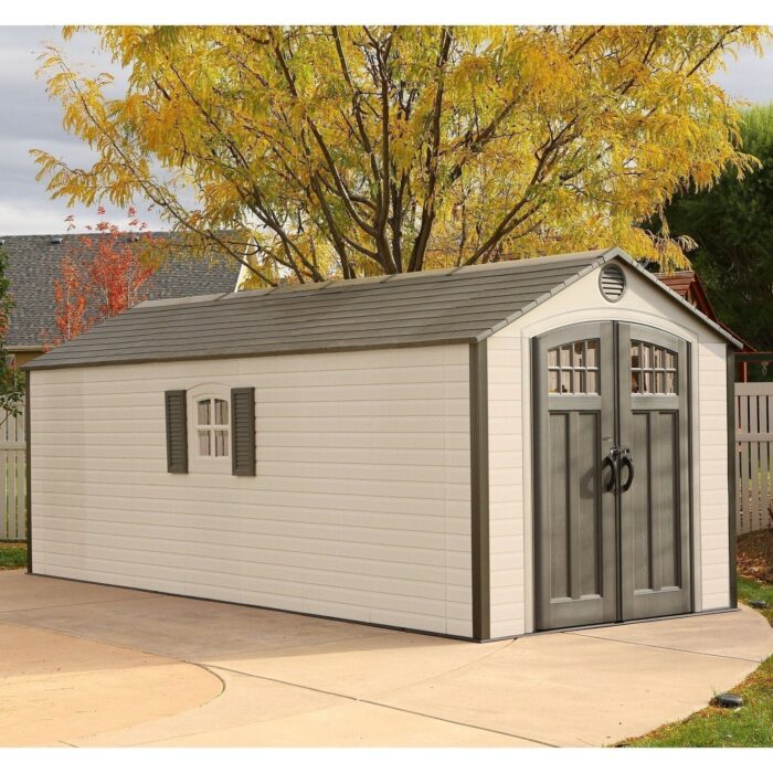D 8 ft. x 20 ft. Plastic Outdoor Storage Shed – Double Doors, Lockable, Water-Resistant & UV-Protected