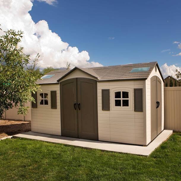 D 8 ft. x 20 ft. Plastic Outdoor Storage Shed – Double Doors, Lockable, Water-Resistant & UV-Protected