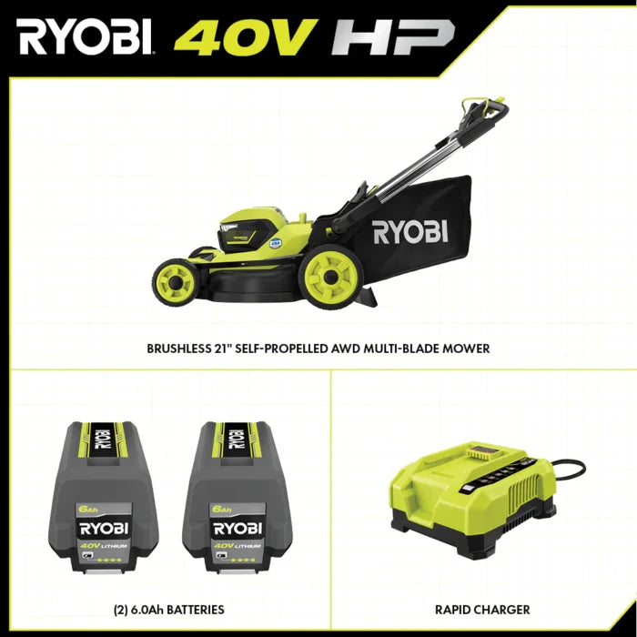 RYOBI 40v Hp brushless 21" self-propelled AWD dual-blade mower kit - Seakundi