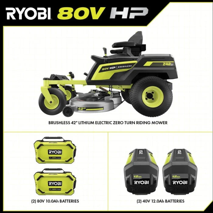 RYOBI 80V HP Brushless 42 in. Battery Electric Cordless Zero Turn Riding Mower Batteries and Charger 80V Batteries 40V - Seakundi